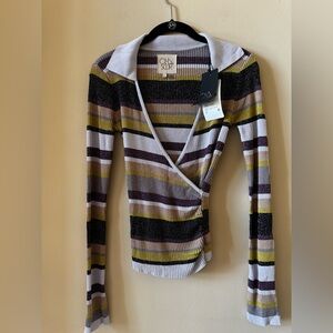 CHASER Striped Wrap Top with Collar and long sleeves